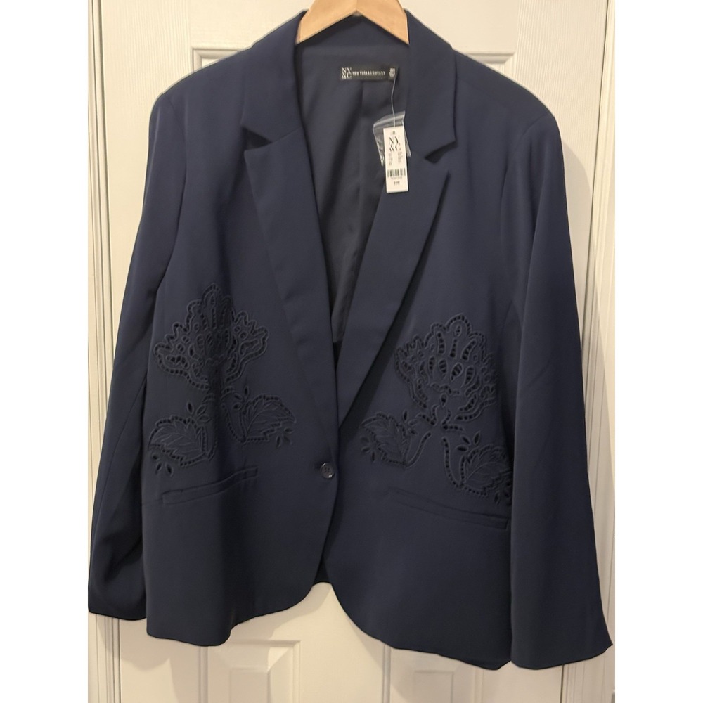 NWT Ny&C  Navy Blazer Women's Plus Size 24W Career Classic Floral Embroidery